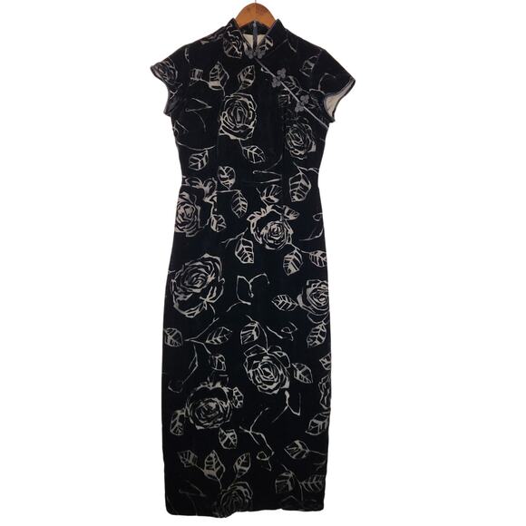 Robbie Bee Black Velvet Burnout Dress Women’s SZ 6 Asian Inspired Cap Slv VNTG - Picture 1 of 16